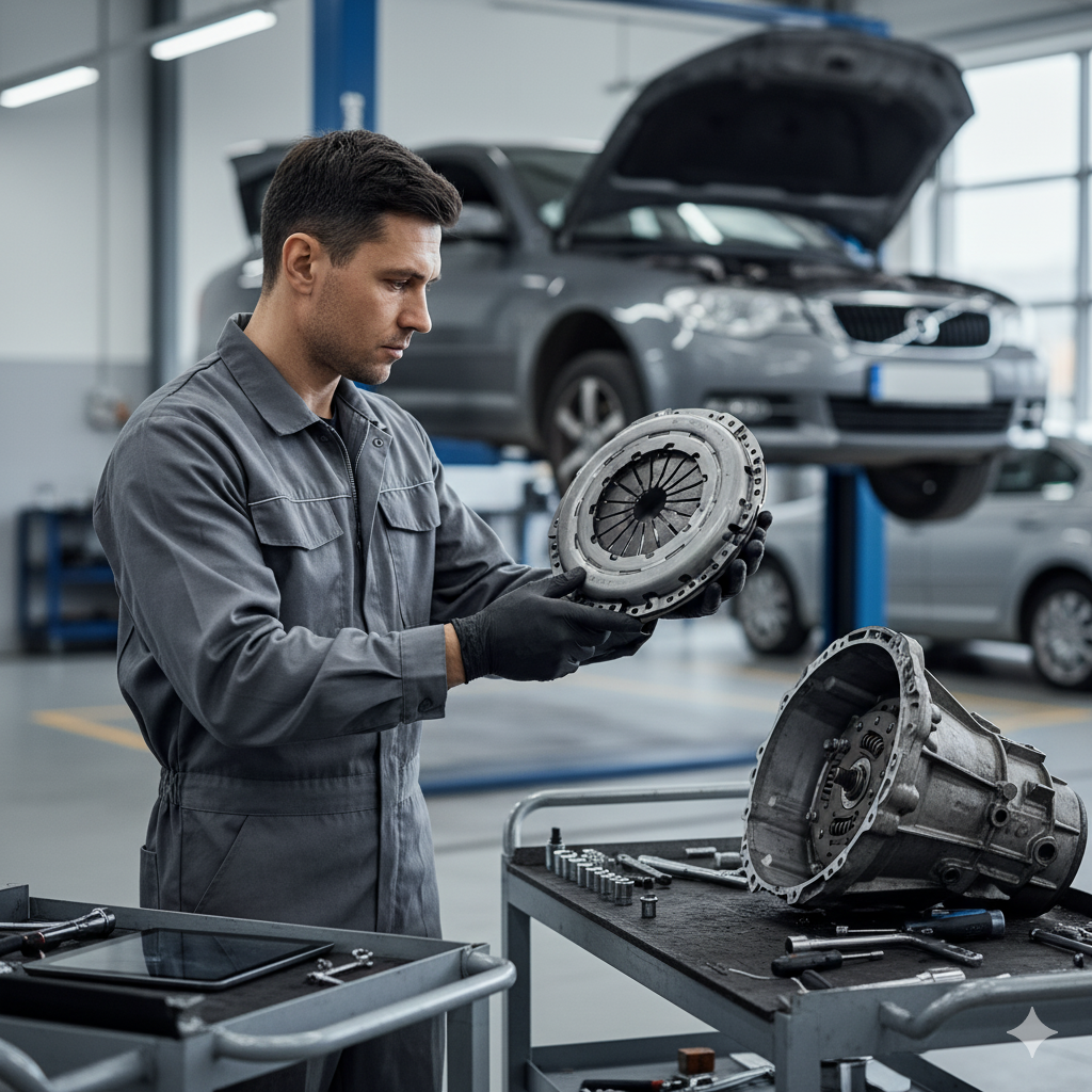 Mechanic replacing brake pads with precision tools