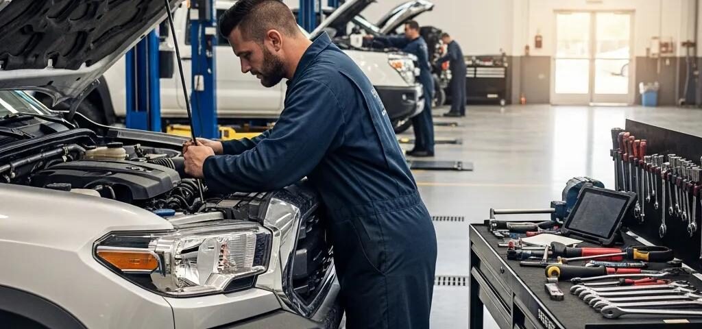 Automotive service center with a mechanic working on a 4x4 vehicle, showcasing expertise and professionalism