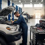 Automotive service center with a mechanic working on a 4x4 vehicle, showcasing expertise and professionalism