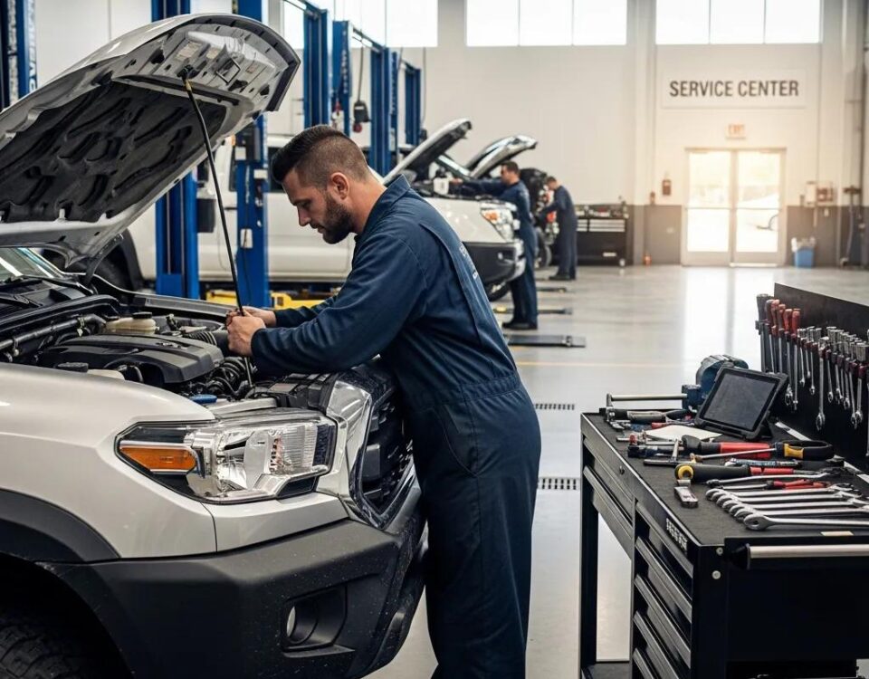 Mechanic working on a 4x4 vehicle in an automotive service center, showcasing expertise with tools and equipment for logbook servicing and vehicle maintenance.