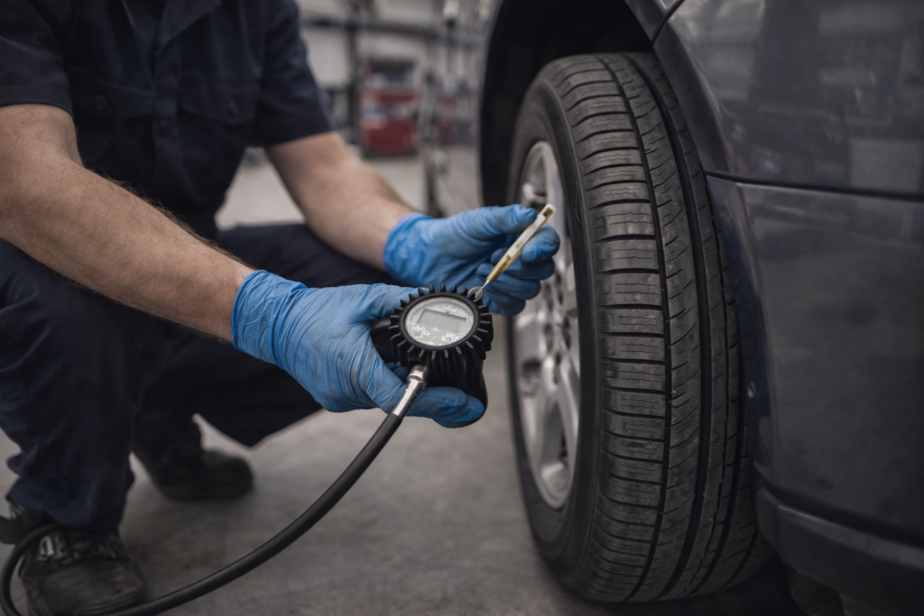 Mechanic inspecting tire pressure and tread