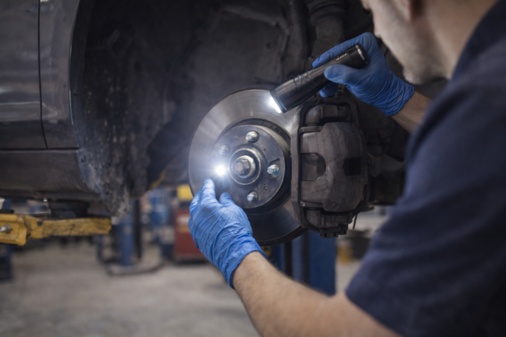 Mechanic inspecting tire pressure and tread