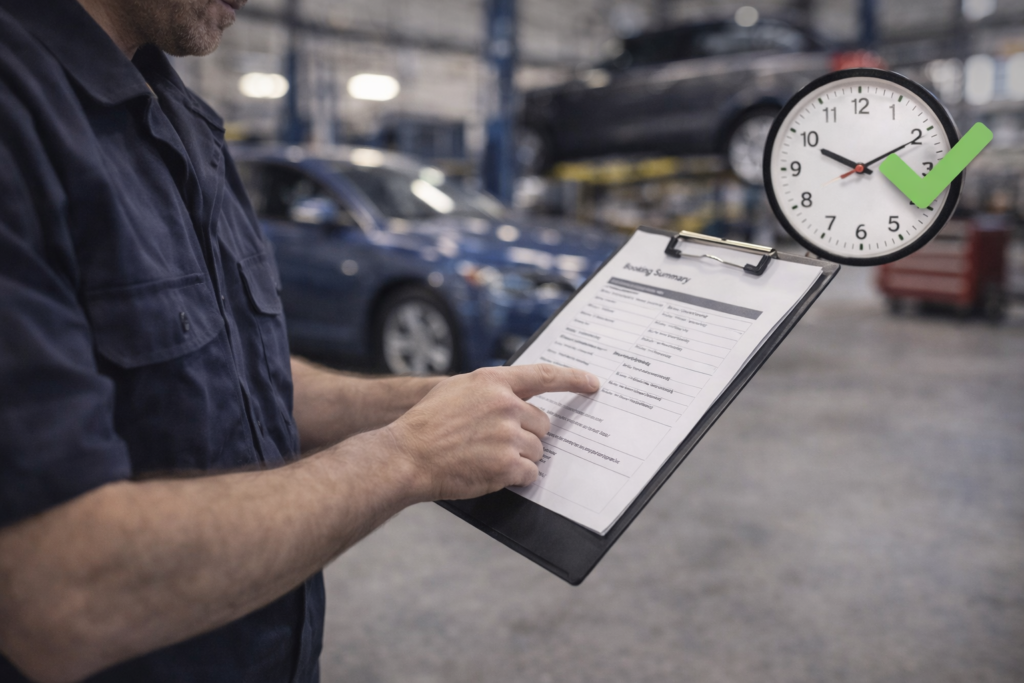 Mechanic reviewing booking form in workshop
