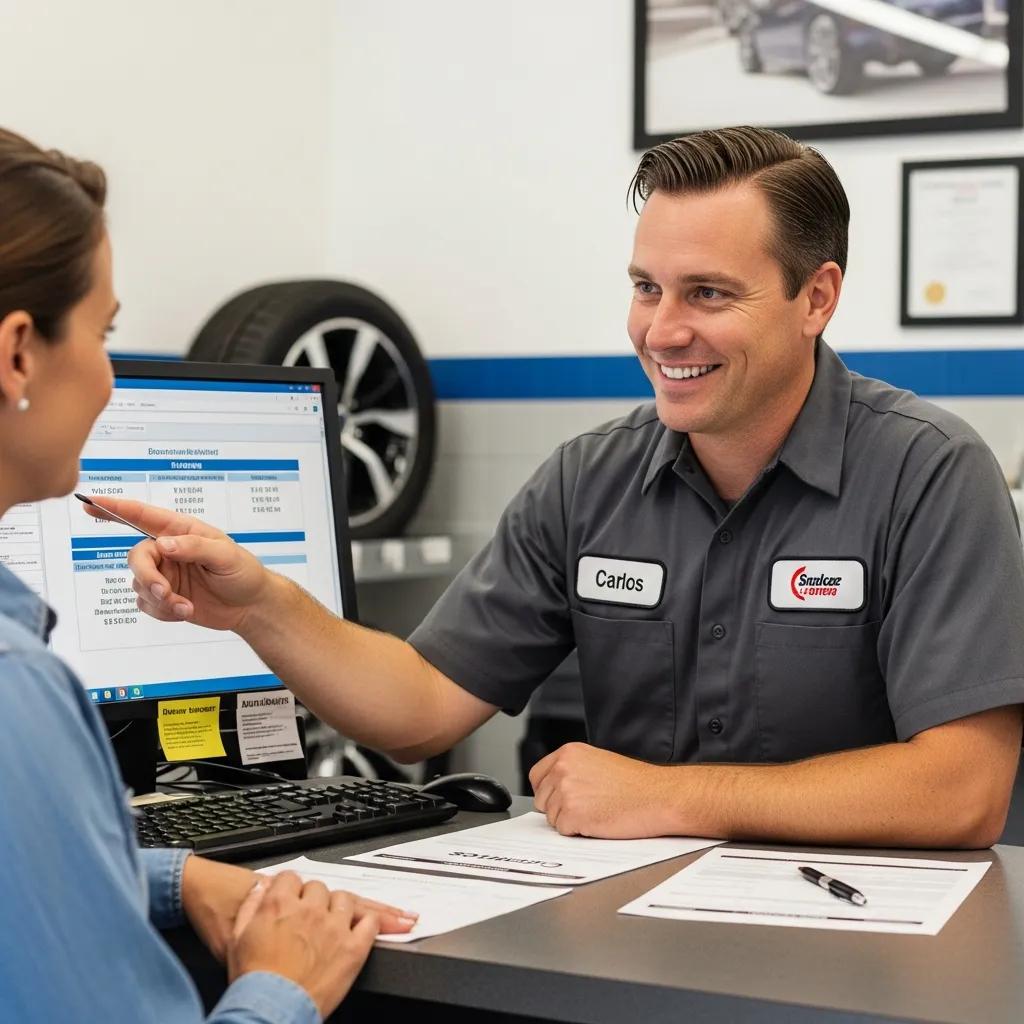 A customer talking through service items with a mechanic at our Caloundra workshop