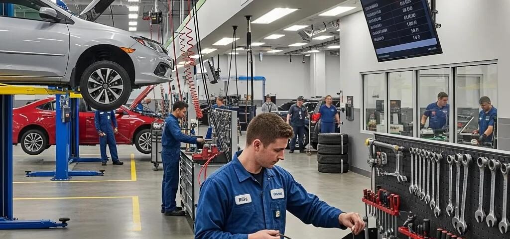 Express maintenance service at an automotive center with technicians working on vehicles