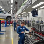 Express maintenance service at an automotive center with technicians working on vehicles