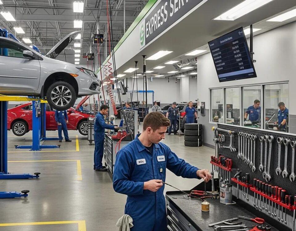 Express maintenance service at an automotive center with technicians working on vehicles