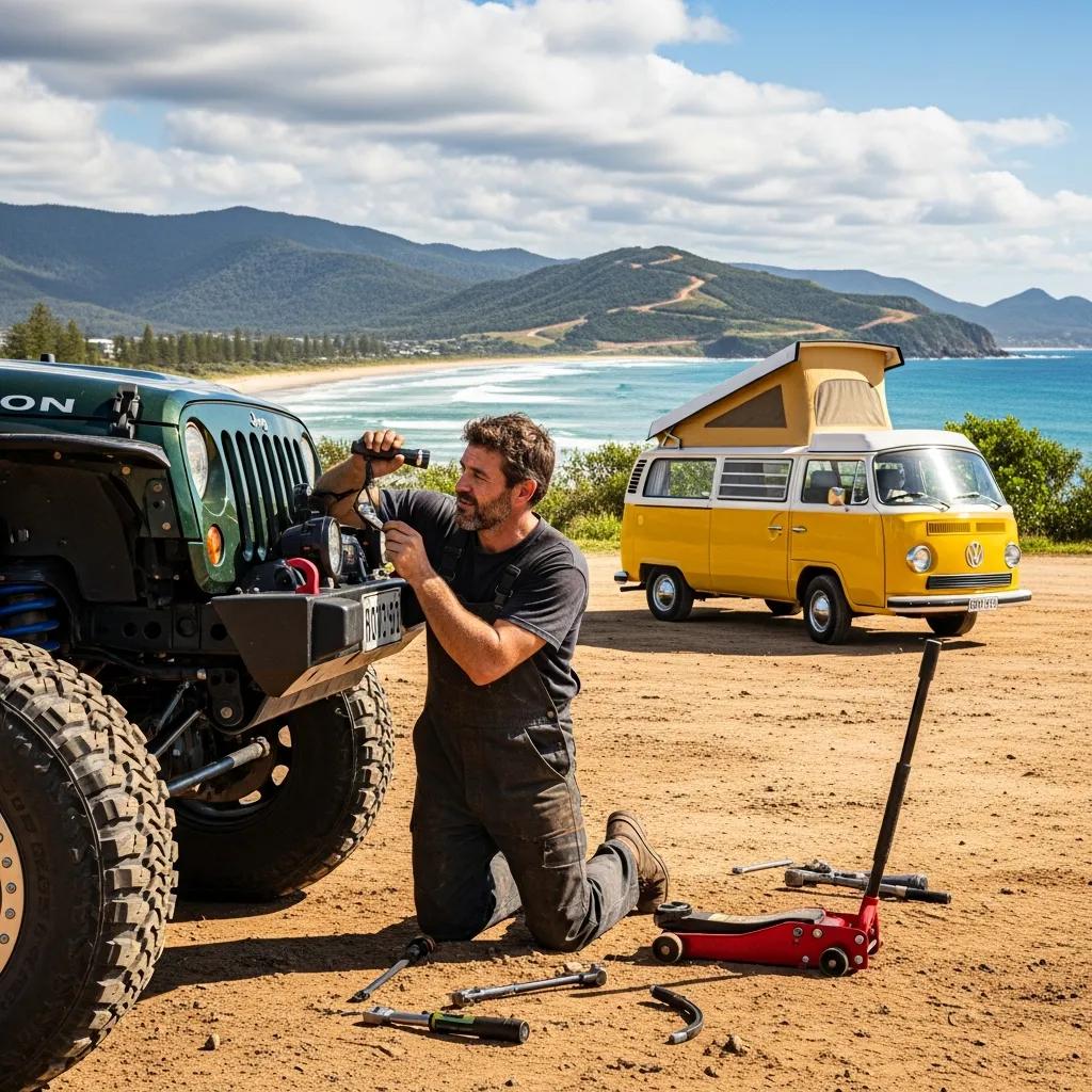 Technician checking a 4x4 outdoors with a campervan parked nearby