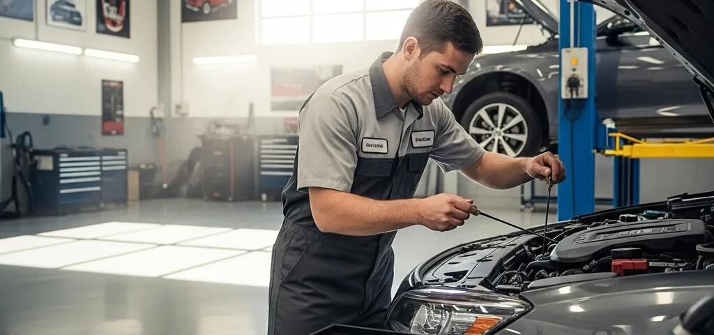 Mechanic performing logbook servicing on a car in a garage