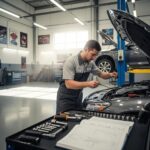 Mechanic performing logbook servicing on a car in a garage, with tools and service documents visible, emphasizing vehicle maintenance and repair.