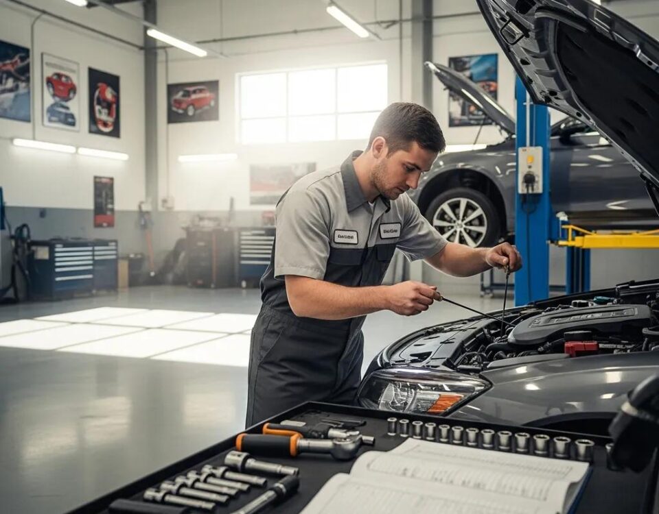 Mechanic performing logbook servicing on a car in a garage, showcasing automotive tools and a clean workshop environment.