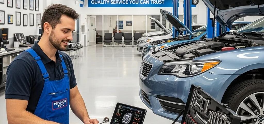 Mechanic servicing a car in a professional auto repair shop