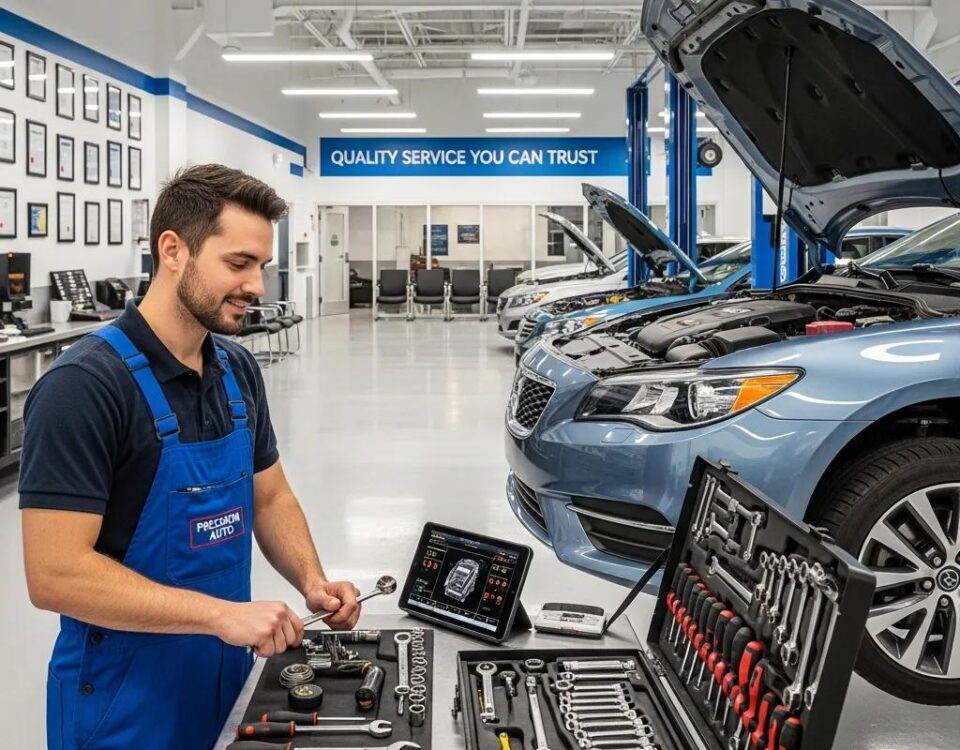 Mechanic in blue overalls working on a car in a professional auto repair shop, surrounded by tools and a digital tablet, emphasizing quality service and automotive expertise.