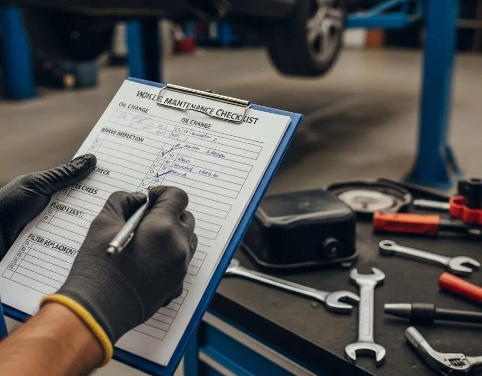 Technician checking an itemised vehicle maintenance checklist beside a car in the workshop