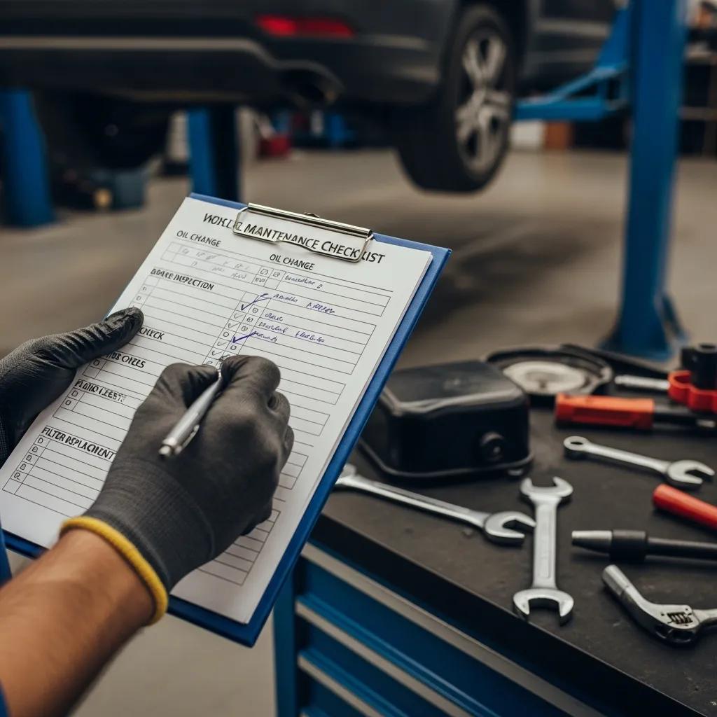 Technician checking an itemised vehicle maintenance checklist beside a car in the workshop