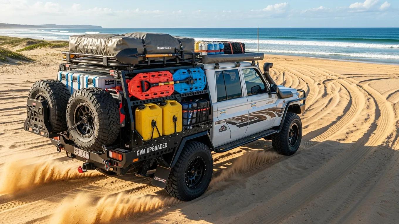 4WD vehicle with GVM upgrades driving on a sandy beach track in Sunshine Coast